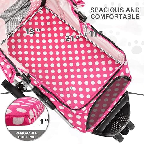 MoNiBloom 3 Wheels Pet Dog Cat Stroller for Small Medium Dogs Cats, Foldable Jogger Stroller w/Storage Basket and Cup Holder, Hot Pink Polka Dots thumbnail 4