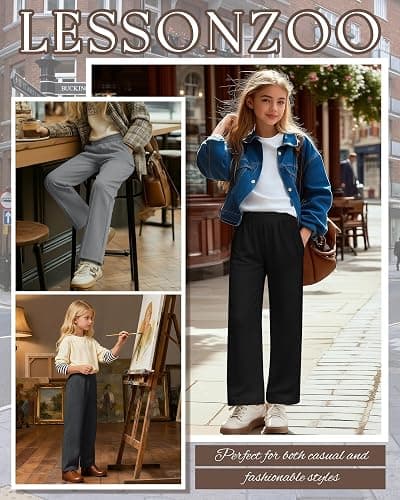LessonZoo 3 Pack Girls Sweatpants Teen Front Seam Straight Leg Pants Kids Open Bottom Wide Leg Loose Joggers with Pockets thumbnail 2