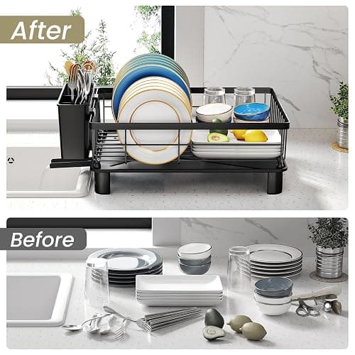 SNTD Dish Drying Rack - Small Dish Rack for Kitchen Counter, Stainless Steel Dish Drainer with Utensil Holder and Drainboard, 11" W x 15" L (Black) thumbnail 8