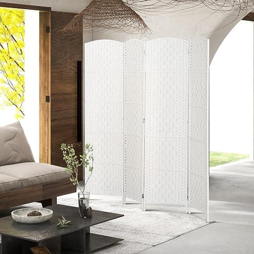 HOMCOM Room Divider 4 Panel, 6FT Tall Folding Privacy Screen, Freestanding Hand-Woven Partition for Room Separation with 360° Hinges, Paper Rope Diamond Weave, White thumbnail 7