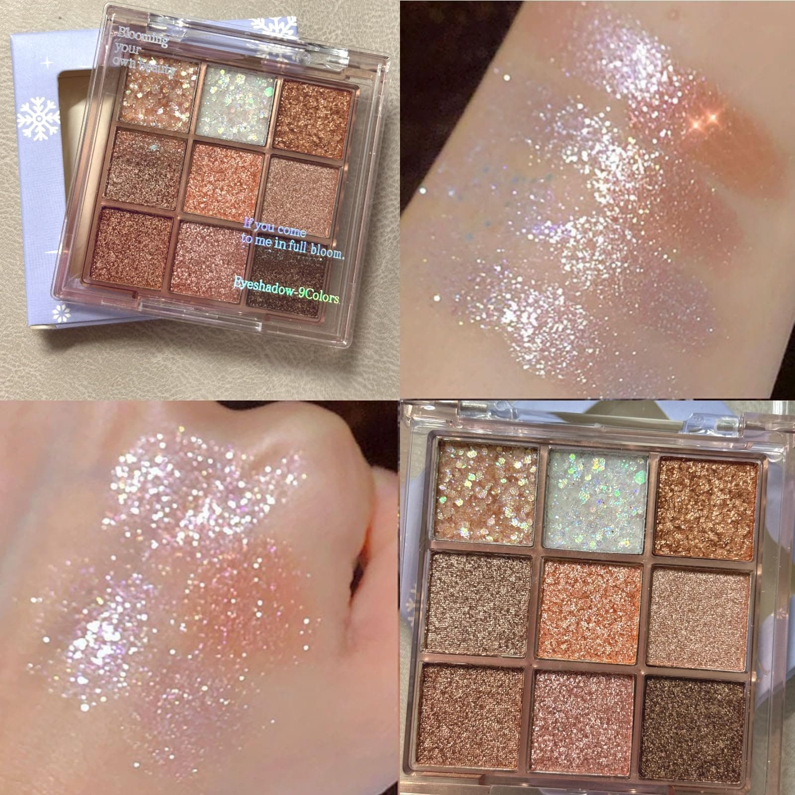 9 Colors Glitter Shimmer Eyeshadow Makeup Palette, Korean Sparkle Neutral Eye Shadow Palettes Highly Pigmented Long Lasting Waterproof Blendable sombras para ojos Pink White Golden Brown Eye Glitter - D thumbnail 3