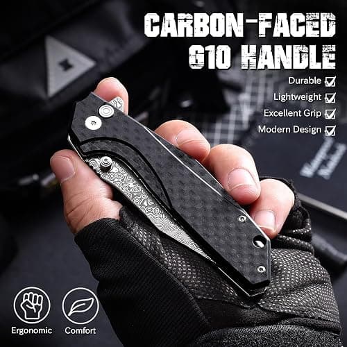 SECANOX Damascus Pocket Knife, 3.35" Sharp Damascus Steel Blade Folding Knives with G10 Handle, EDC Knifes for Men Camping Hiking thumbnail 4