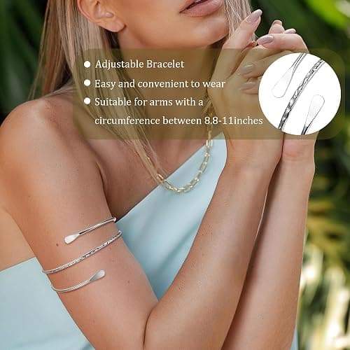 Vegolita 6Pcs Boho Coil Arm Cuff Bangle Set - Adjustable Minimalist Open Arm Cuff Armlet Armband thumbnail 5