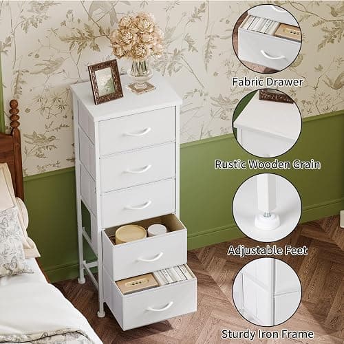 Fixwal White Tall Dresser for Bedroom, Closet Organizers and Storage Tall Fabric Dresser for Closet, Drawer Organizer with 5 Drawers, Bedroom Furniture thumbnail 3