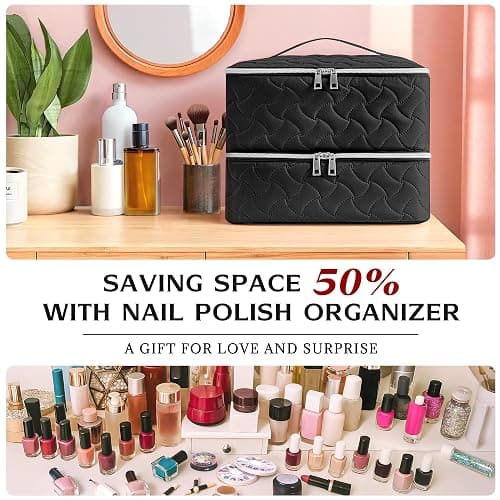 DreamGenius Nail Polish Organizer Case Holds 42 Bottles, Portable Double-Layer Nail Polish Storage Bag with Adjustable Dividers for Manicure Tools, Black thumbnail 3