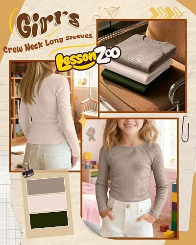 LessonZoo 3 Pack Girls Long Sleeve Shirts Ribbed Knit Draw Pleats Tops Slim Fit Crew Neck Cotton Undershirts Cute Sizes 5-14 thumbnail 3
