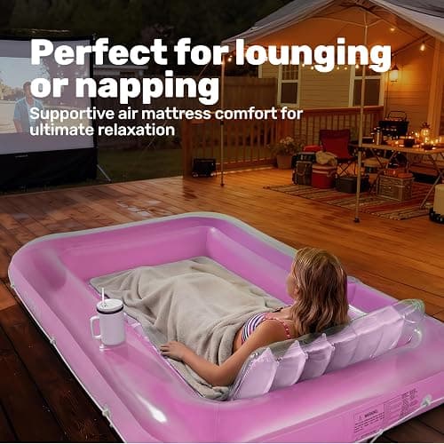 SLOOSH Inflatable Tanning Pool Lounger Float, 70" x 46" Pool Floats Adult with Pillow, 4 in 1 Suntan Tub Raft Floatie,Sunbathing Bed Lounge for Water Blow Up Kids Ball Pit Party Gifts, L-Pink White thumbnail 7