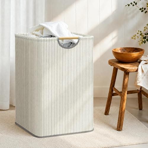 STORAGE MANIAC 2-Pack Large Laundry Hamper, 100L (26.4 Gal) Collapsible Laundry Basket with Bamboo Handles, Freestanding Waterproof Clothes Hamper for Laundry Room, Bedroom, Dorm, Towels, Stripe thumbnail 2