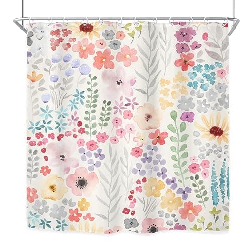 Riyidecor Colorful Cute Floral Shower Curtain for Bathroom Decor 60Wx72H Watercolor Flower Plants Botanical Kids Funny Multicolor Art Printed Fabric Polyester Waterproof 12 Pack Plastic Hook thumbnail 8