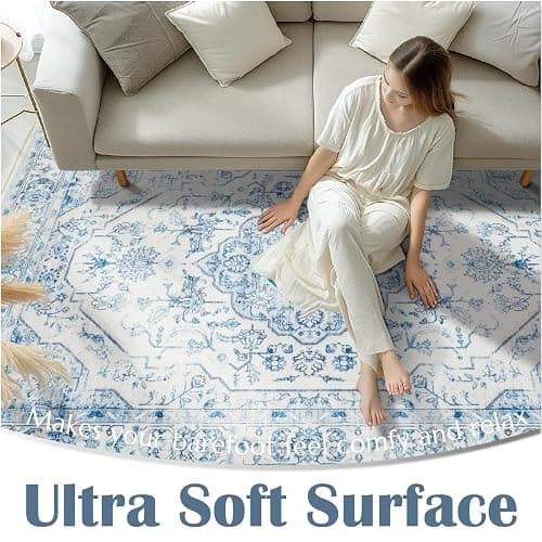 jinchan Area Rug 5x7 Medallion Floral Washable Rug Accent Floor Cover Non Slip Living Room Vintage Mat Retro Thin Soft Carpet for Bedroom Dining Room Kitchen Distressed Blue thumbnail 7