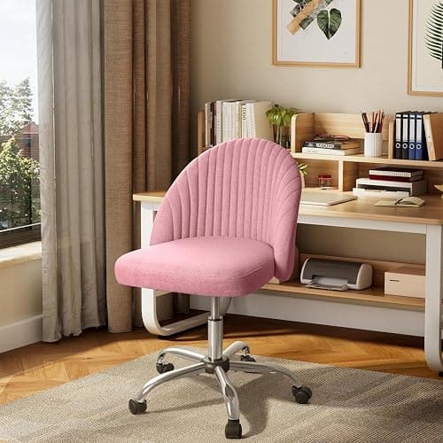 Furniwell Office Chair Armless Cute Desk Chair Modern Adjustable Swivel Vanity Task Computer Chair Home Office Desk Chairs with Wheels (Fabric, Pink) thumbnail 4