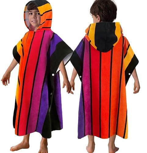 NATE: VOOVA & MOVAS Hooded Poncho Towels for Big Kids - (6-12Years), Absorbent Soft 100% Cotton Beach | Bath | Pool Swim Towel with Hood for Boys | Girls - Stripe - Kids(6-12Years) - Stripe - Image 1