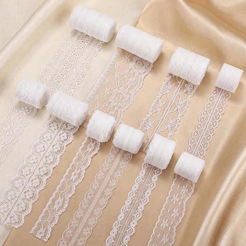 mypartyco 50 Yards White Lace Ribbon 10 Rolls 1 inch to 2.5 inch Width | Vintage Cotton Lace Trim Fabric for Crafts Sewing Dress Clothes Wedding Bridal Decor (5 Yards/Roll) - Image 1