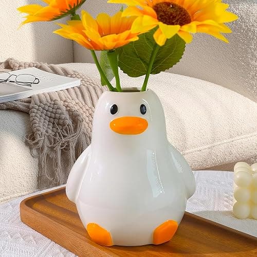 Mougigi Unique Duck Vase - Cute White Ceramic Handcrafted Piece with Round Modern Design, Funky Aesthetic Table Decor for Flowers/Accessories, Cool Animal Goose-Themed Art Vase Great for Decor Gifts thumbnail 5