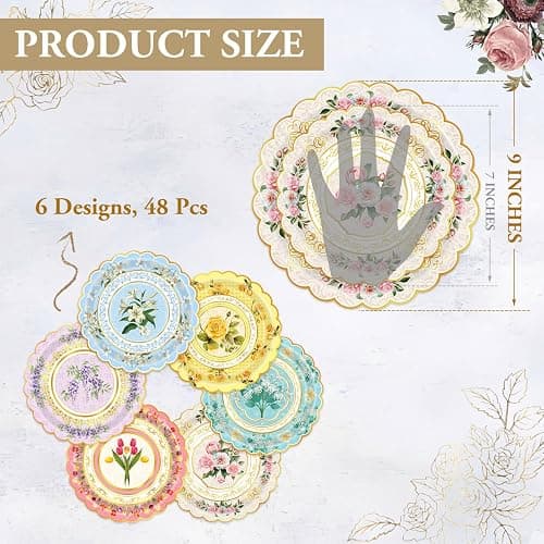Oevbexos 48-Pack Floral Paper Plates, Tea Party Decorations, 9 Inch Disposable Floral Plates for Tea Party, Father's Day, Bridal Shower, Birthday, Wedding and Baby Shower thumbnail 3