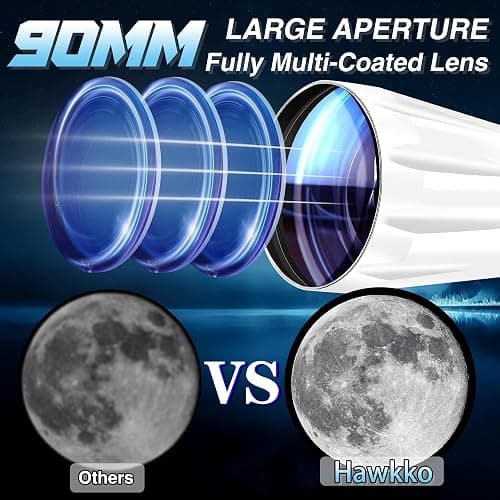 Hawkko 90mm Aperture 900mm Telescope for Adults High Powered | Multi-Coated Professional Refractor Telescope for Astronomy Beginners (36X-270X) with AZ Mount, Carry Bag, Phone Adapter thumbnail 2