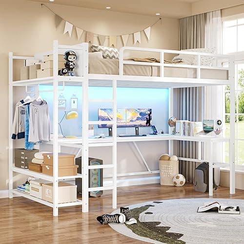 Itaar Twin Loft Bed with L-Shaped Desk, LED Lights and Charging Sation, Loft Bed Twin Size with 3-Tier Storage Shelves and Clothes Rail, Safety Guard & Ladder, No Box Spring Needed, White - White