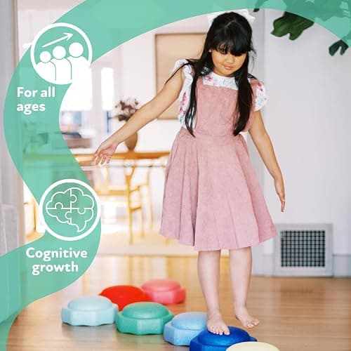 Nuby Stepping Stones StepPebbles with Balance Board - Montessori-Inspired Sensory Play - Stack, Step, & Balance Indoor & Outdoor Play - Waterproof & Holds Up to 400 lbs - Primary Colors thumbnail 8