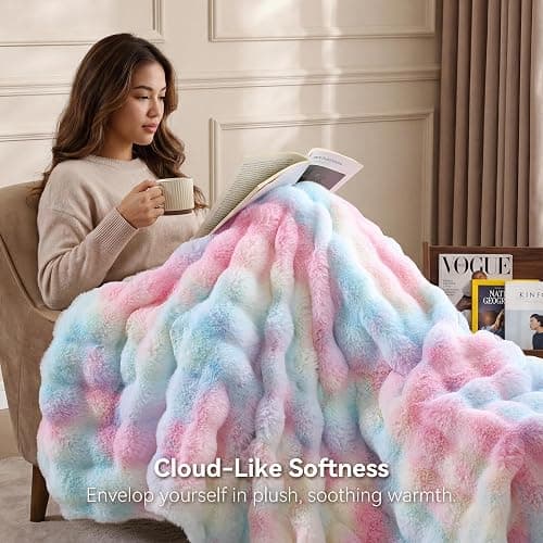 Smoofy Faux Rabbit Fur Throw for Couch - Rainbow Bubble Blanket 50"x60" | Fluffy Plush Fuzzy Colorful Throw for Sofa & Bed, Super Soft Cozy Comfort Blanket, Luxury Rainbow Decor Gift for Women thumbnail 3