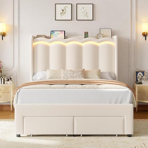 HIFIT Upholstered Full Size LED Bed Frame with Charging Station and 2 Storage Drawers, Beige Velvet Platform Bed Full Size, Camas Full with Double Wavy Wingback Headboard, No Box Spring Needed thumbnail 4