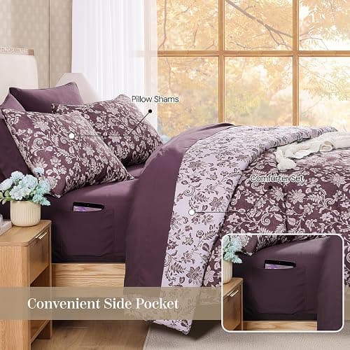 BLOOMHAVEN Queen Comforter Set -7 Pieces Floral Dark Purple Comforter Set for All Seasons, Bed in a Bag Queen with Botanical Flowers Comforter, Sheets, Pillowcases & Shams thumbnail 4
