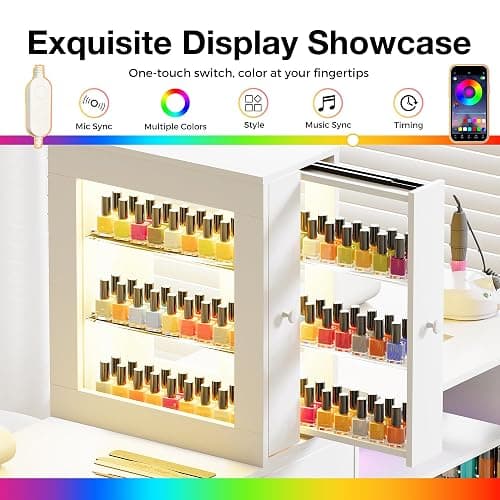 Kikihouse Double Manicure Table for Nail Tech w/LED Light Display Cabinet, Professional Nail Desk with Dust Collector, Drawers, Wrist Rest, Acetone-Resistant, for Beauty Salon, Spa & Home Workstation thumbnail 4