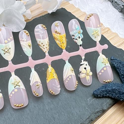 30pcs French Tip Press on Nails Medium Almond Fake Nails with 3D Floral Gold Star Pearl Design Summer False Nails Flower Acrylic Nails Full Cover Glue on Nails for Women Nail Decorations thumbnail 4