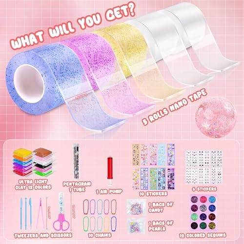 SelfTek 55Pcs Nano Tape Craft Kits - Nano Tape Bubbles Kit with Pump Sequins Glitter Powder Stickers Clay Scissors Tools DIY Bubble Art Set for Making Bubbles Crafts thumbnail 6