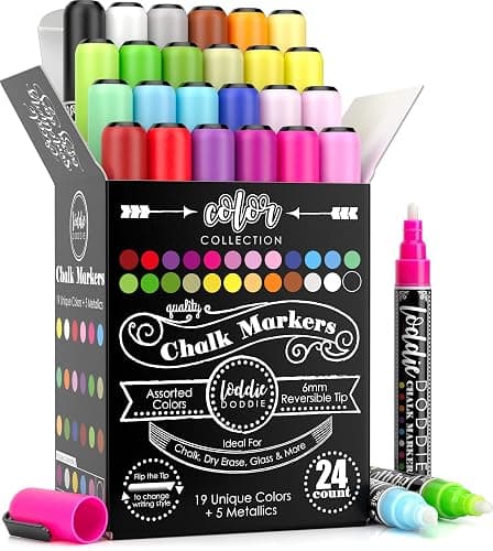 Loddie Doddie Chalk Markers - 24-Pack, 6mm Reversible Tips - Colored Chalk Pens for Art & Decor - Window Markers for Glass & Metal - Dry Erase Pens for Mirrors & More thumbnail 8