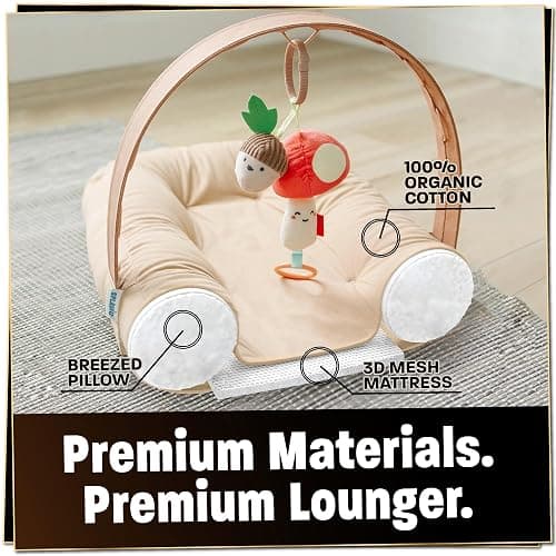 SplashEZ Baby Lounger Pillow for Newborn, Baby Nest & Infant Play Gym, 100% Organic Cotton, Breathable, Lightweight & Portable 3D Mesh Pillow for Awake Time Only (Toys NOT Included), Camel thumbnail 5
