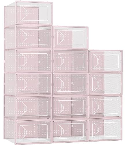 Foluck Shoe Storage Box, 15 Pack Clear Plastic Stackable Shoe Organizer for Closet, Interlocking Design Shoe Container Bins for Sneakers, Foldable Shoe Rack with Lids, Pink - Image 1