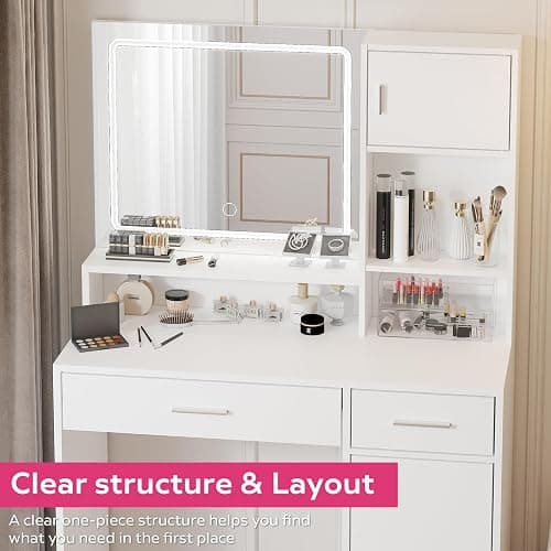 MIRROTOWEL Vanity Desk with Mirror and LED Light Strip,Dressing Table with Large Drawer, 3 Level Storage Dresser & 3 Lighting Modes Adjustable Brightness, Suitable for Bedroom thumbnail 6