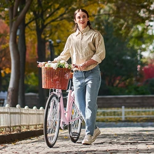 Viribus Beach Cruiser Bike for Women, 24 26 inch Womens Bike with 1 Speed, Front Basket & Rack, Comfort Cruiser Bicycle Step Through for City Commuter, Retro Bicycle for Seniors Ladies Female Adults - Light Pink - 24 Inch Wheels thumbnail 8