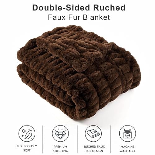 BATTILO HOME Rust Brown Faux Fur Throw Blanket for Bed, Large Double Side Reversible Ruched Rabbit Fur Blanket for Couch, Living Room, Soft Warm Mink Cozy Blanket, 60x80 Inch thumbnail 7
