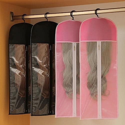 Nenkarn 16Pcs Wig Storage Bags with Hanger, 2 Sizes (23.6"/31.4") Dust-proof & Water-resistant Hair Extension Organizer, Clear Window Hanging Wig Holders for Multiple Wigs, Black & Pink thumbnail 2