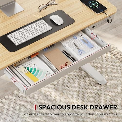 Standing Desk with Drawer, Electric Height Adjustable Home Office Desk with Storage & USB Ports, 48 inch Bamboo Texture Tabletop/White Frame thumbnail 6