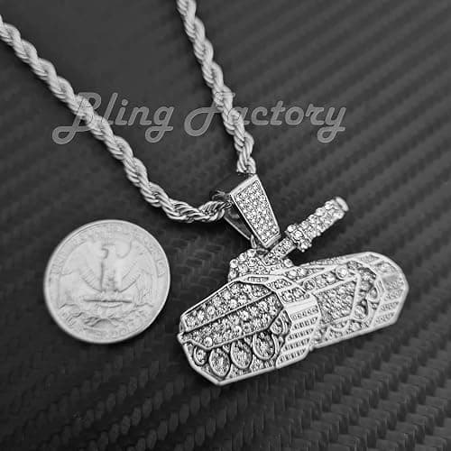 BLINGFACTORY Hip Hop Iced White Gold Plated TANK Pendant & 4mm 24" Rope Chain Fashion Bling Necklace thumbnail 2