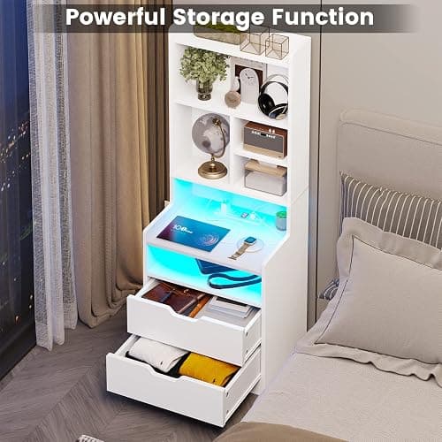 BTHFST Tall Nightstand with Charging Station and LED Lights, White LED Nightstand with Bookshelf, Bedside Table with Shelves and 2 Drawers, Tall End Side Table with USB Ports and Outlets, White thumbnail 6