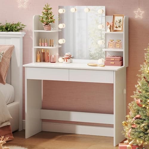 WOLTU Dressing Table, Vanity Desk, with Mirror and 10 Dimmable LED Bulbs, 2 Drawers and 4 Shelves, White Dressing Table, White, 90x40x135cm, MB6096ws - Image 1