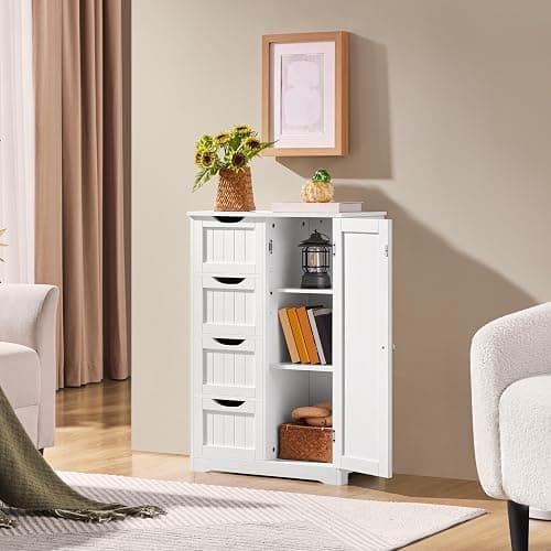 Yaheetech Wooden Floor Cabinet, Side Storage Organizer with 4 Drawers and 1 Cupboard, Freestanding Entryway Storage Unit Console Table, Bathroom Furniture Home Decor, White thumbnail 4