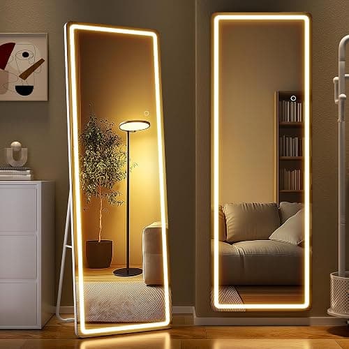 WINNICE Full Length Mirror with Lights, 56" x 15.8" LED Lighted Floor Standing Body Mirror, Dimmable & 3 Color Lighting for Bedroom, Cloakroom, Dressing Room, Tempered Glass, White - Image 1