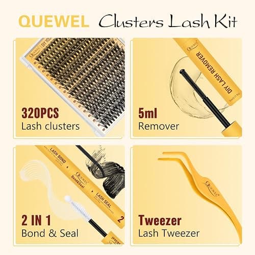 QUEWEL Lash Clusters Kit, 320 Pcs 40D Lash Cluster Eyelash Extensions 9-16mm Lash Clusters Wispy Kit with Eyelash Clusters Bond and Seal Glue Remover Tweezers (40D Kit) thumbnail 7