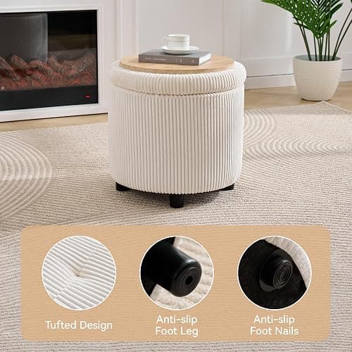 WUTUTUEE Corduroy Storage Ottoman with Flip-Top Tray, Modern Upholstered Ottoman Coffee Table, Dual Leg Options Ottoman Footrest for Living Room, Bedroom, Office, White thumbnail 3