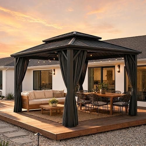 HOTEEL 10x12 Hardtop Gazebo On Clearance with Galvanized Steel Double Roof,Heavy Duty Gazebo with Flame-Retardant Curtain & Netting, Aluminum Frame Outdoor Canopy for Patio, Party, Black - Image 1