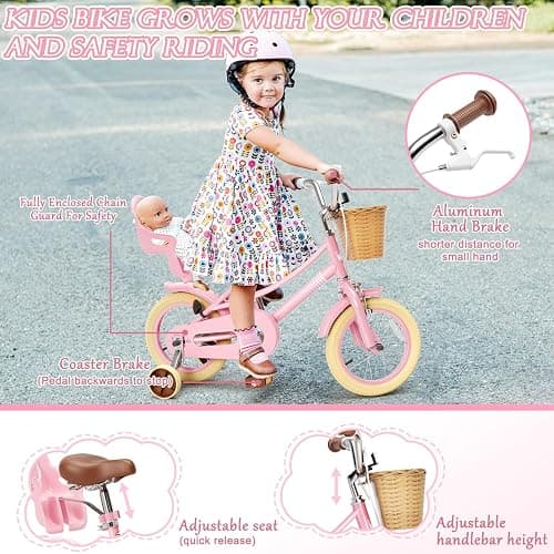 Glaf 12 14 16 20 Inch Girls Bike with Training Wheels for Kids Age 2-12 Years Old Toddler Girls Bike with Basket and Doll Seat Kids Bicycle Adjustable Seat thumbnail 5