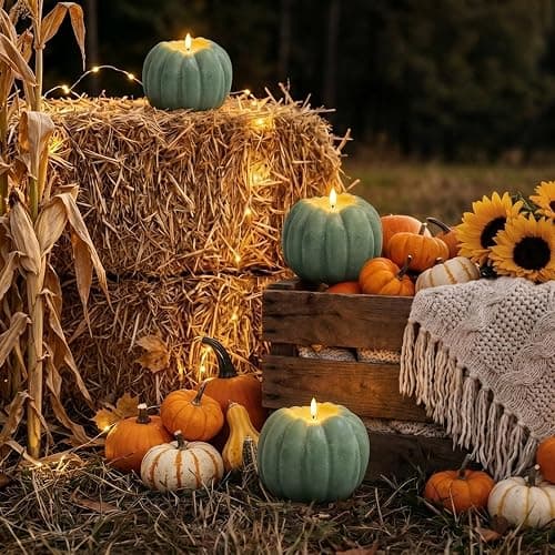 Sage Green Pumpkin Decor, Fall Decorations for Home - Sage Green Flameless Pumpkin Shaped Candle with Remote and Timer, LED Flickering Battery Operated Candle for Fall Decor, 5.31" W, 5.1" H thumbnail 9