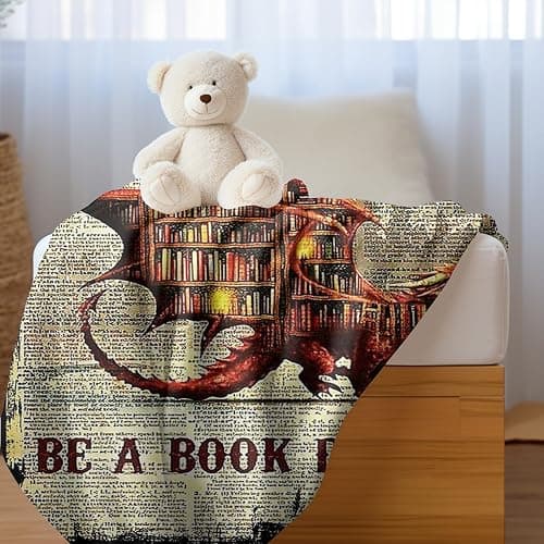 Book Dragon Fleece Blanket Cozy Throw for Book Lovers, Vintage Dragon Design on Text Background, Warm and Soft Reading Blanket for Home, Couch, or Bed (L80 xW60) thumbnail 6