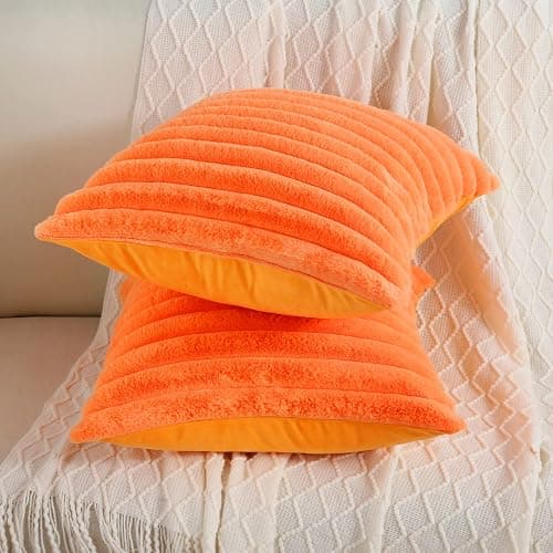 FUTEI Orange Striped Decorative Throw Pillow Covers 14x14 Inch Set of 2,Square Spring Decorations Couch Pillow Case,Soft Cozy Faux Rabbit Fur & Velvet Back,Modern Home Decor for Bed - Orange - 14" x 14" (Pack of 2) thumbnail 6