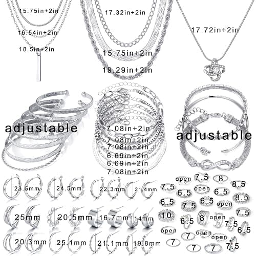 IFKM 36 PC Silver Plated Jewelry Set With 3 Necklace, 12 Bracelet, 7 Ear Cuffs Earring, 14 Knuckle Rings For Women Girls Valentine Anniversary Birthday Friendship Gift thumbnail 7