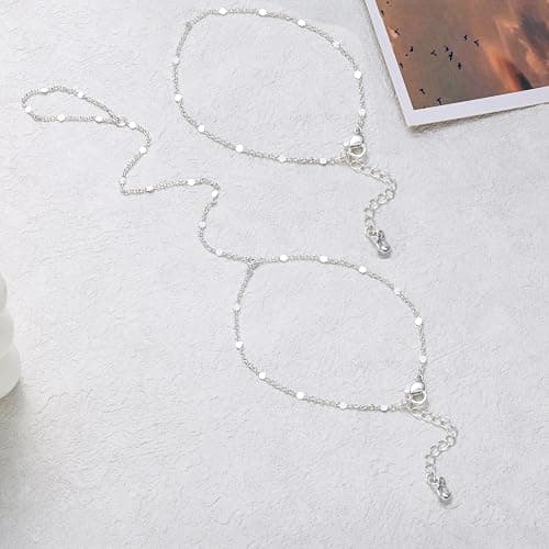 Moodear Sterling Silver Dainty Ring Bracelet Hand Chain for Women - 14K Gold Plated/Sterling Silver Layered Adjustable Satellite Bead Paperclip Dot CZ Link Hand Chain Bracelets Non Tarnish Trendy Jewelry Gift thumbnail 9